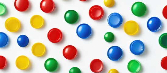 Fototapeta premium Colorful plastic bottle caps arranged in a playful pattern, showcasing vibrant hues of red, yellow, green, and blue against a white background.
