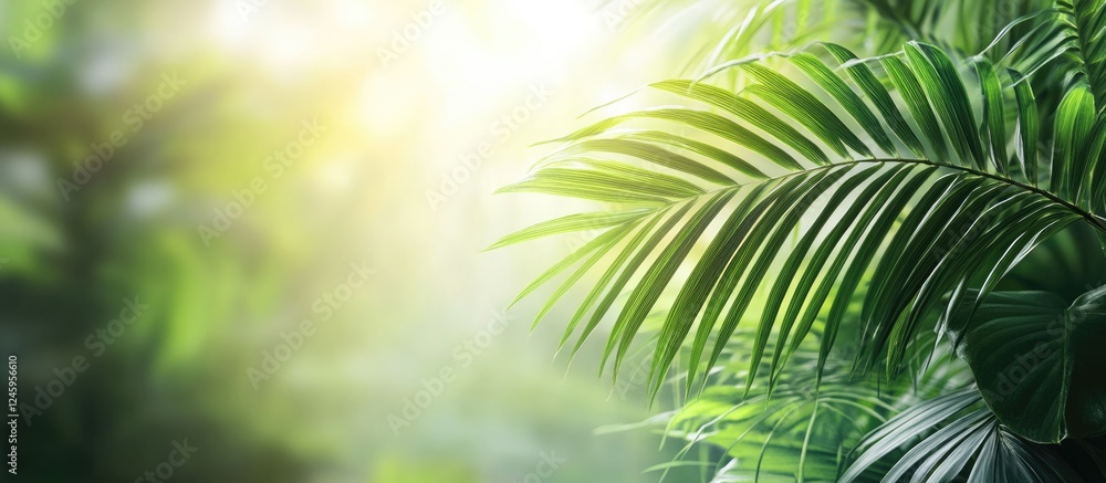 Poster closeup of a palm leaf illuminated by sunlight creating a serene natural background with ample copy 