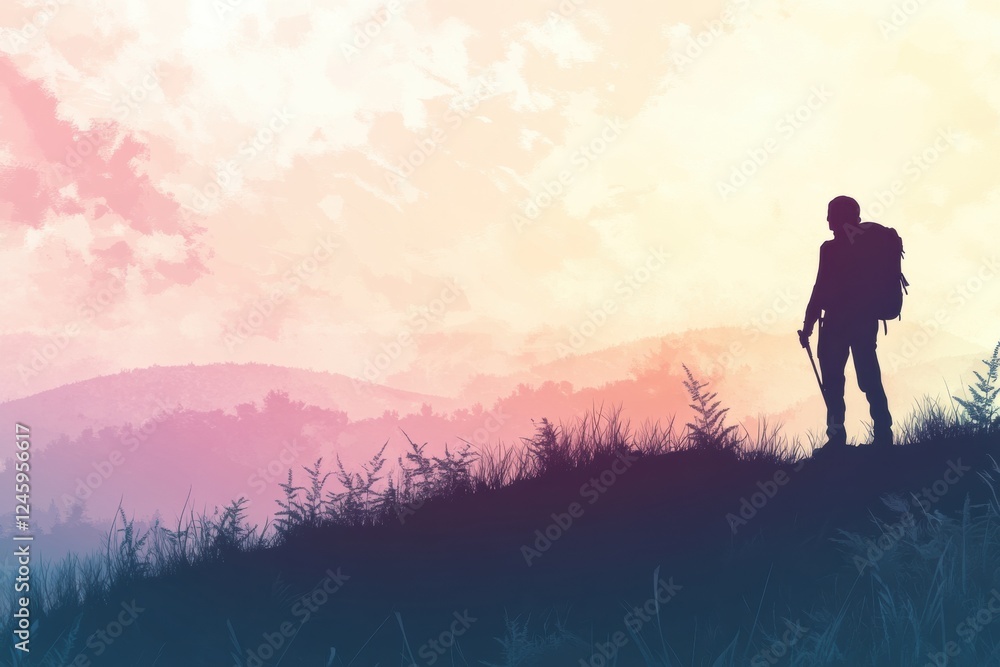 Poster Hiker standing on a mountain ridge during sunset with open space for text. Generative AI