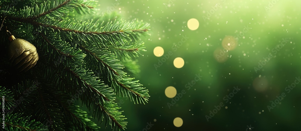 Poster closeup of evergreen spruce branches with sparkling bokeh lights creating a festive christmas backdr