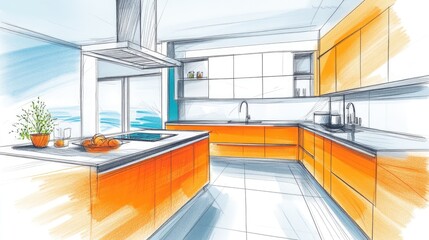 Fototapeta premium Vibrant architectural sketch of a modern kitchen with clean, sharp lines, showcasing vivid colors, and innovative design choices for a cutting-edge living space.