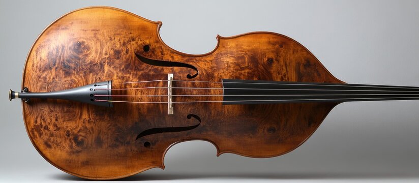 Detailed close-up of a beautifully crafted wooden double bass showcasing its fine grain and elegant curves, highlighting artistry in musical instruments.