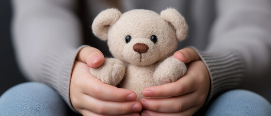 A person is holding a teddy bear in their arms