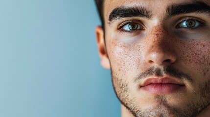 Obraz premium Close-up portrait of young man with clear skin and natural acne imperfections against a soft background with space for text or graphics.