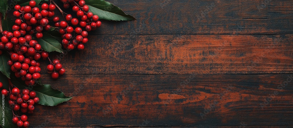 Poster rowan berries arranged on a rustic wooden background with empty space for text and decoration ideas 