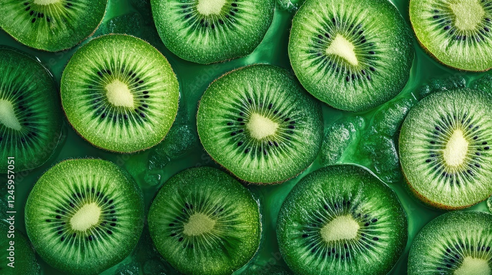 Poster whole and sliced kiwi fruit arranged on a clean surface, showcasing the vibrant green inside and the