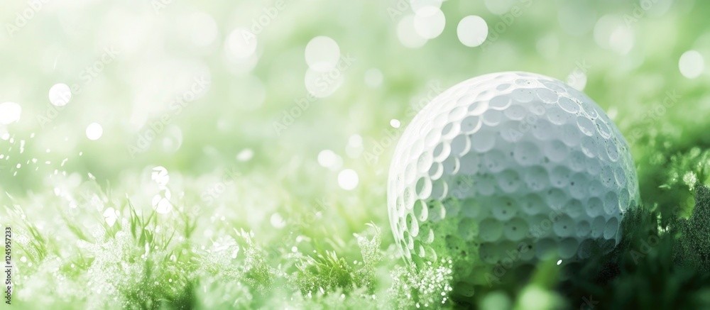 Poster detailed closeup of a golf ball on lush green grass with soft bokeh effect creating a serene and inv