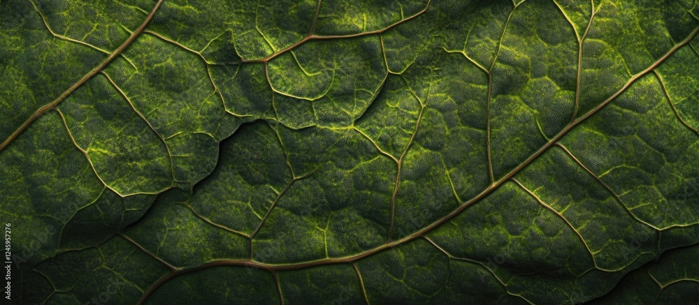 Poster closeup view of intricate green leaf texture illuminated softly for a dark nature background in a tr