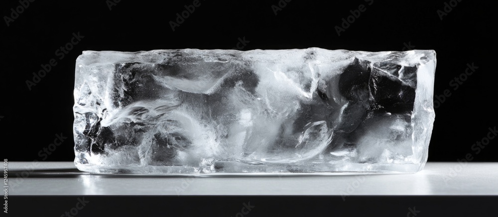 Poster translucent ice block on white surface showcasing intricate patterns isolated against a contrasting 