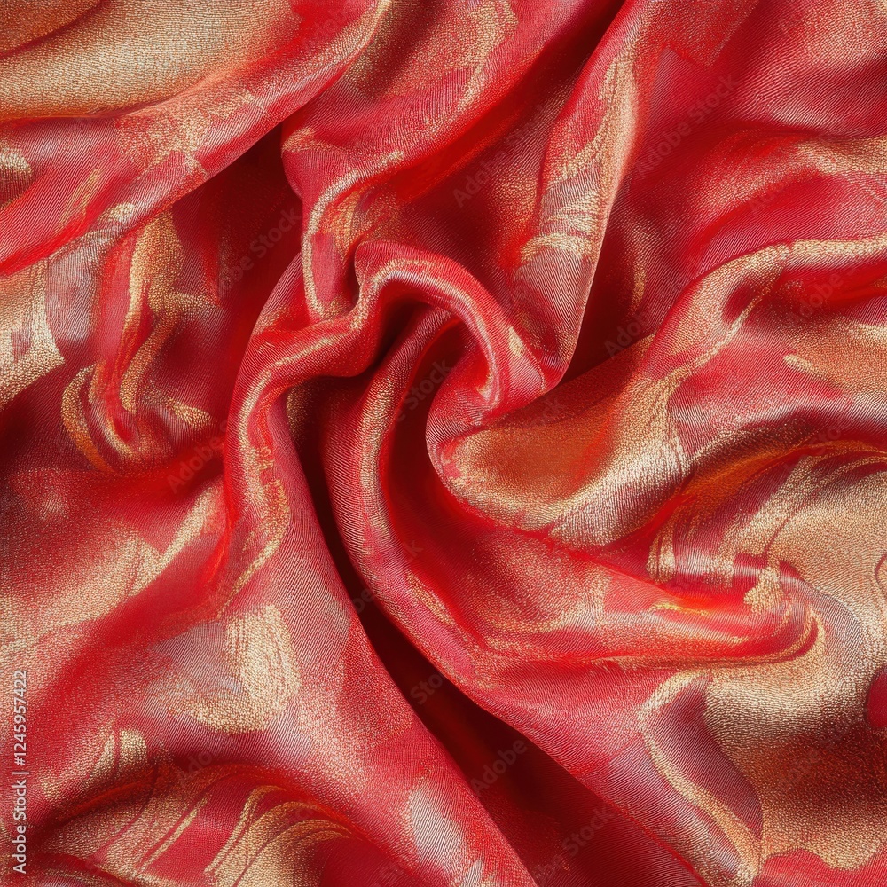 Poster close up of red and gold satin fabric with soft ripples and zen papaya color patterns