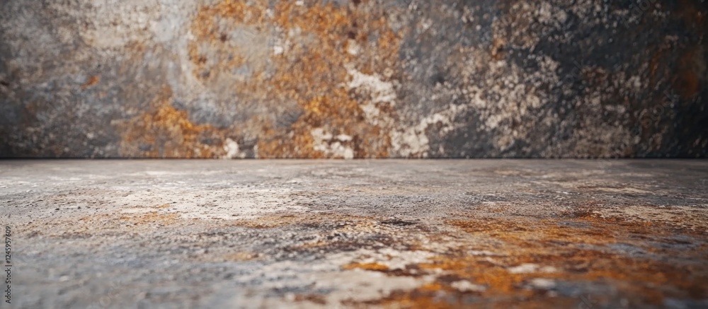 Poster Rustic concrete floor texture with aged rusty steel background showcasing intricate details and color variations. Ideal for industrial design concepts.