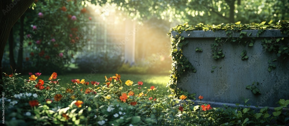 Poster serene park scene with sunlight filtering through greenery highlighting a textured concrete wall ado