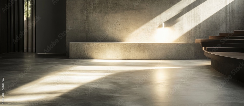 Poster Modern concrete floor with dramatic white lamp spotlight creating sleek architectural background and soft light patterns.