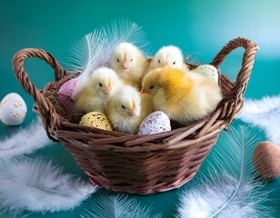 A group of tiny Easter chicks nestled in a woven basket, surrounded by decorated eggs, capturing...