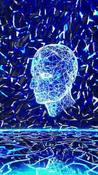 A glowing digital human head emerging from an illuminated futuristic wall.