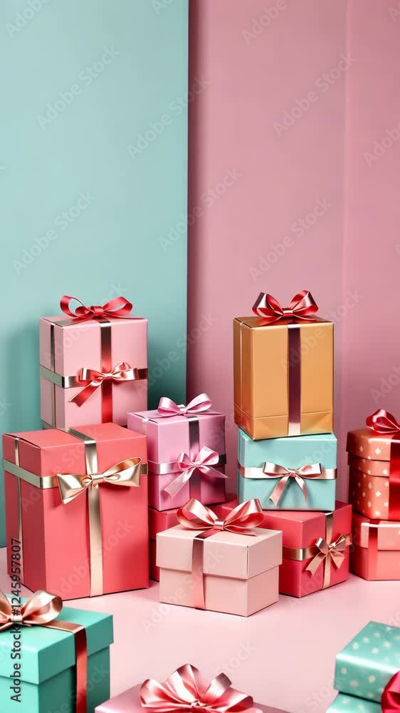 Poster a stack of pink and blue boxes with pink bows on them. the boxes are stacked on top of each other