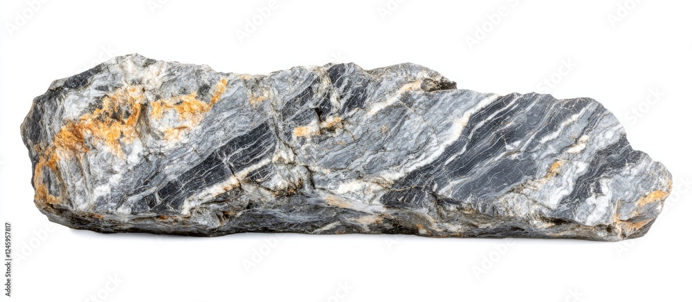 Poster raw gneiss rock specimen with distinct banding isolated on a white background showcasing the feature