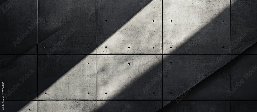 Aufkleber Dark gray concrete wall with shadow patterns highlighting texture and geometric design elements for architectural backgrounds or modern interiors.