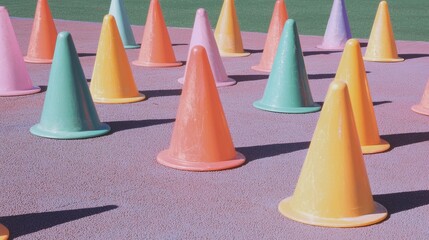 Group of colorful traffic cones arranged in a grid-like pattern on a pink surface. the cones are of different sizes and colors - pink, orange, yellow, green, blue, and purple.