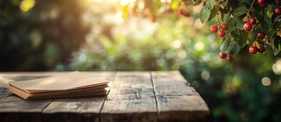 Wooden table with paper napkins and a blurred background of berries and greenery creating a serene outdoor ambiance