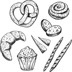 Bakery product sketch, bread and cakes set. Vector hand drawn doodle bread icons isolated on white background. Sketch clipart with confectionery, croissant, pretzel, cake, sliced bread, brioche