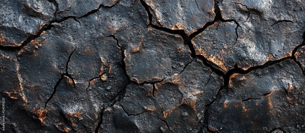 Aufkleber Cracked concrete texture with dark surface and detailed, weathered patterns suitable for architectural and design projects.