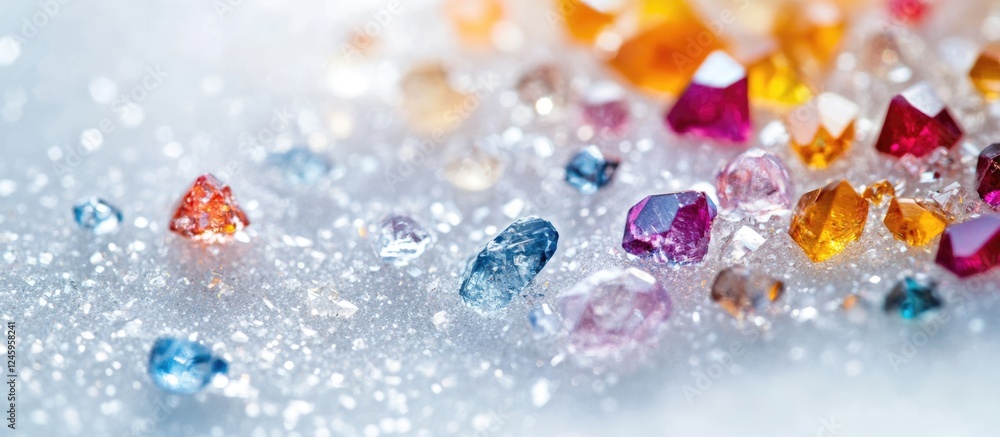 Aufkleber Colorful crystals and sparkling sand scattered on a white surface creating an elegant and vibrant decorative composition.