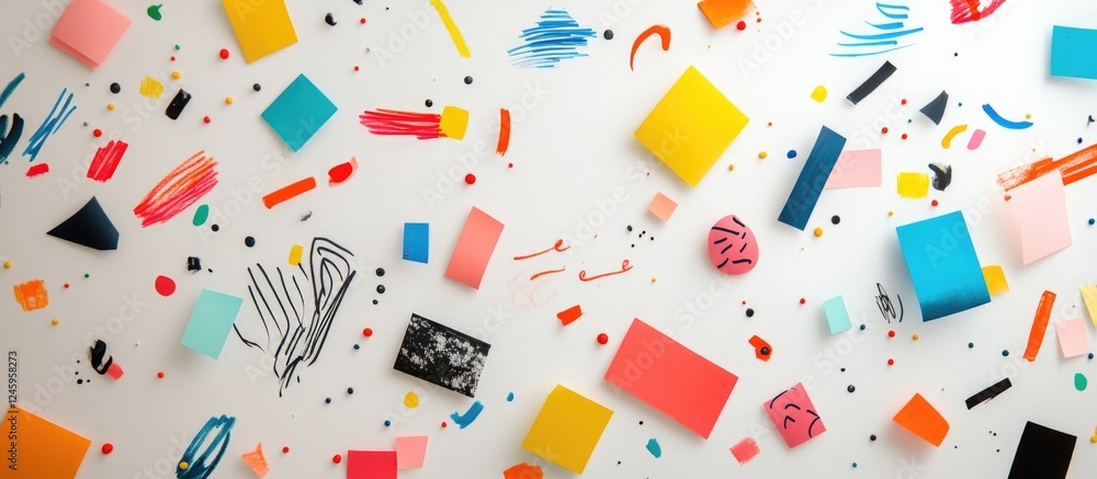 Poster Abstract arrangement of vibrant sticky notes and colorful patterns on a white background conveying creativity and organization concepts.