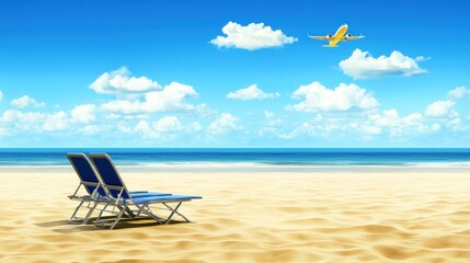 Beach chairs, sunny sky, airplane overhead, travel vacation