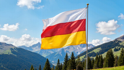 Vibrant flag waving against scenic mountain backdrop, unity and pride