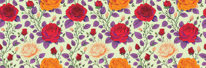 Repeating floral pattern with roses in red, orange, and cream, interspersed with purple and green foliage on a white background.