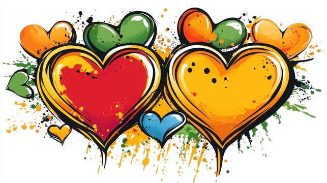 Love Splashes: A vibrant and energetic celebration of love with colorful hearts and splattered paint, capturing the raw passion and unrestrained joy of a blossoming romance.