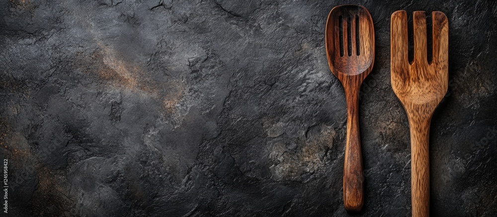 Aufkleber wooden cooking utensils on a dark textured surface creating a rustic culinary background with select