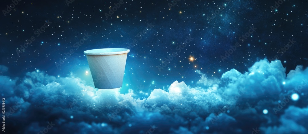 Poster Paper cup floating in a dreamy starry sky with clouds creating a whimsical and surreal atmosphere for creative concepts.