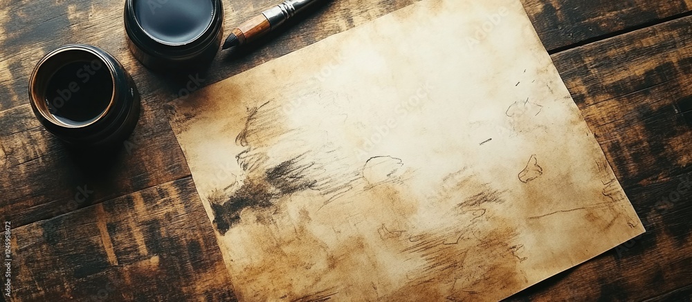 Poster artistic workspace featuring a creative professional sketching on antique parchment with negative sp