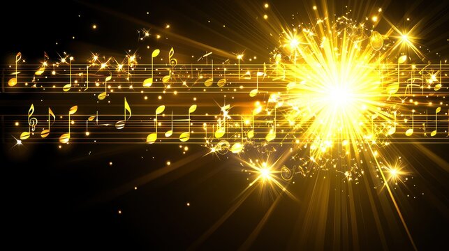 Golden musical notes burst; celebration background; event promotion