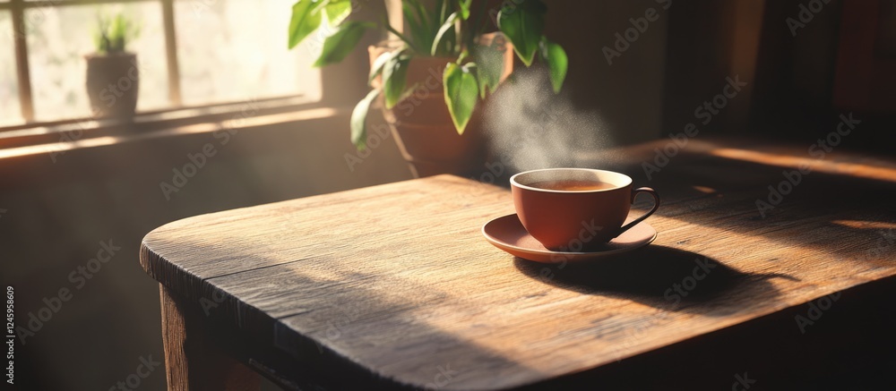 Poster Steaming cup of tea on rustic wooden table with soft lighting and green plant in the background creating a cozy atmosphere.