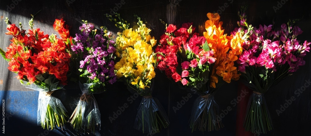 Poster vibrant flower bouquets in morning sunlight creating a warm atmosphere with space for your text and 