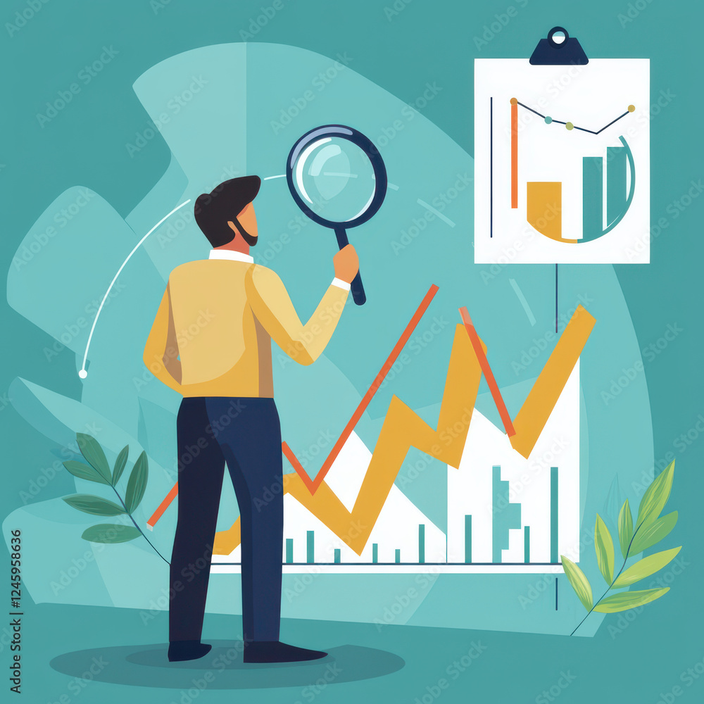 Poster businessman analyzing growth trends with magnifying glass, observing charts and graphs. scene convey