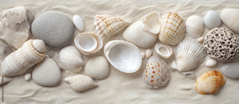 Poster natural arrangement of various pebbles and seashells on a soft beige surface for beach and nature th