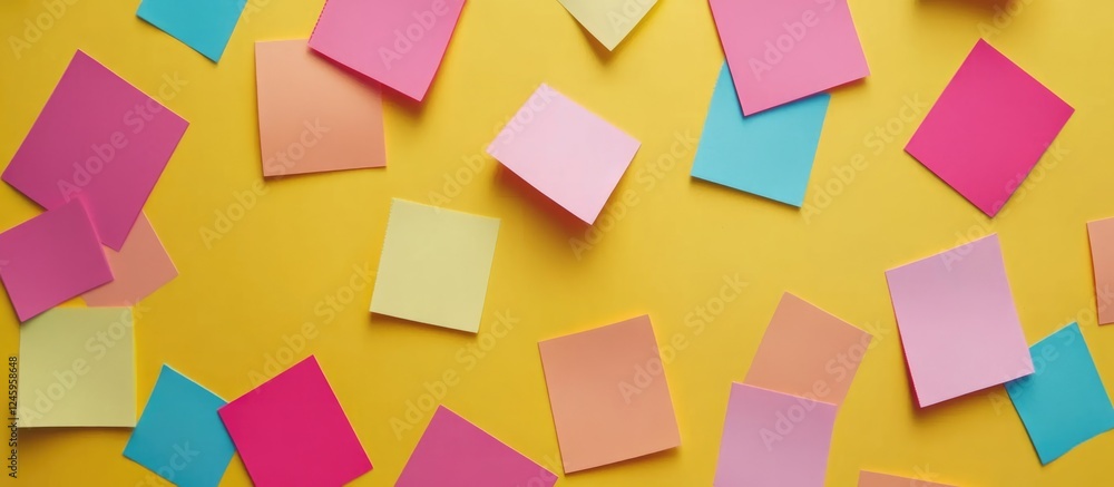 Poster Colorful sticky notes scattered on a vibrant yellow background with ample empty space for creative ideas and project planning text.