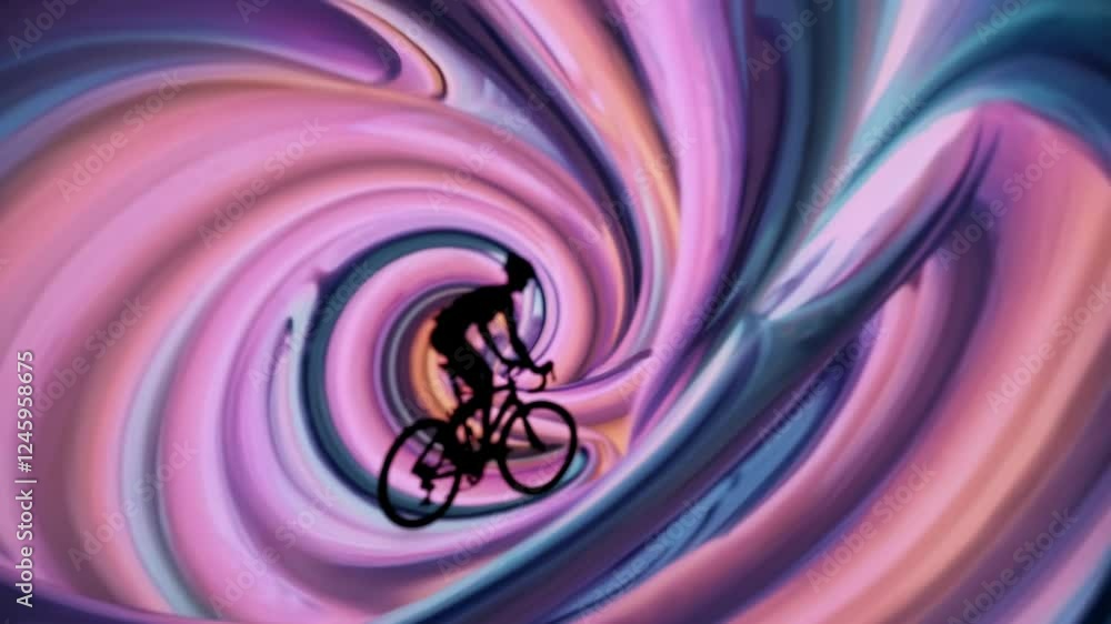 Poster a blurred cyclist moving through a surreal landscape with flowing pink and orange waves.