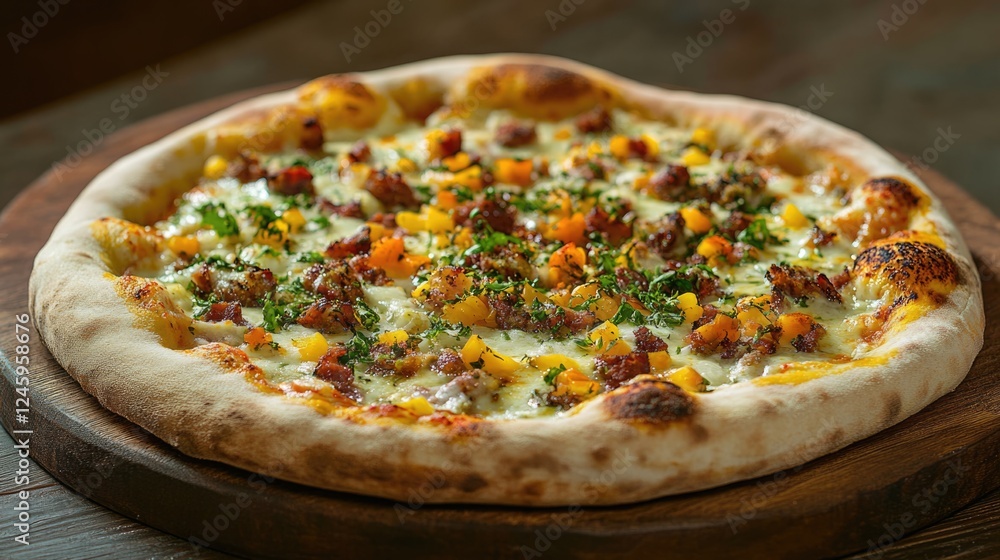 Poster gourmet pizza with diverse toppings and textures showcasing an avant garde culinary concept with amp