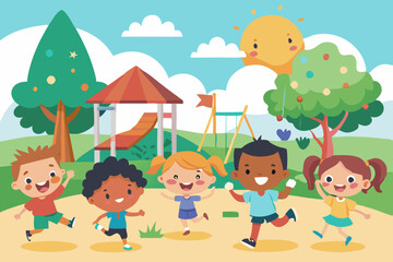 Happy Kids Playing Outdoors | Vector Illustration