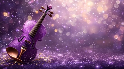 Purple violin sparkles, festive background, music celebration