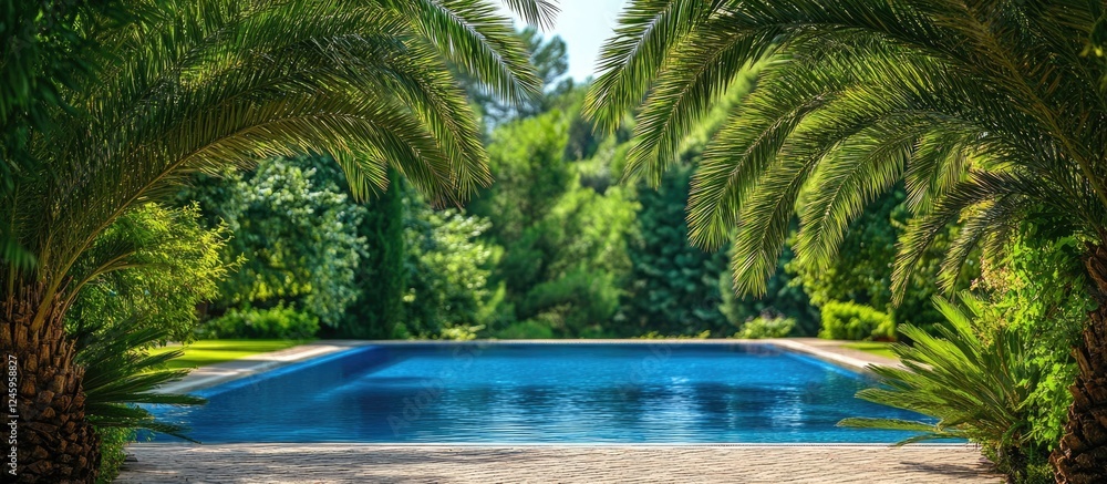 Poster serene poolside scene with date palms and lush greenery ideal for text overlay in a tranquil park se
