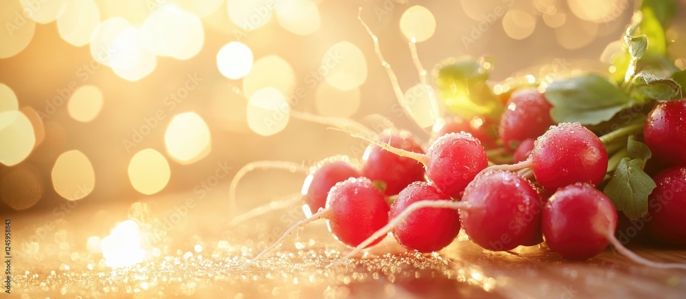 Poster fresh radishes in warm light with bokeh background perfect for agronomy themes and culinary promotio