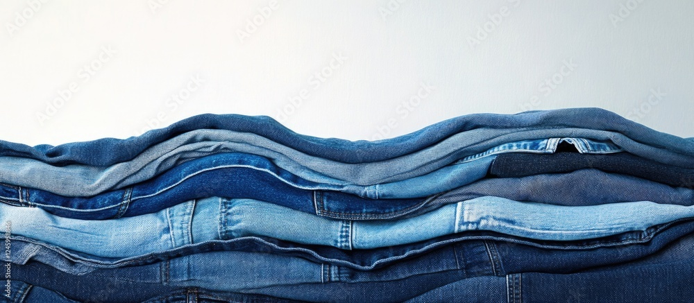 Poster variety of folded blue jeans showcasing different washes and tones arranged in a stylish stack again