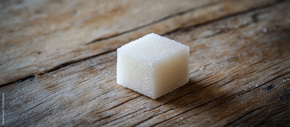 Poster white sugar cube on rustic wooden surface from top view, highlighting texture and simplicity in food