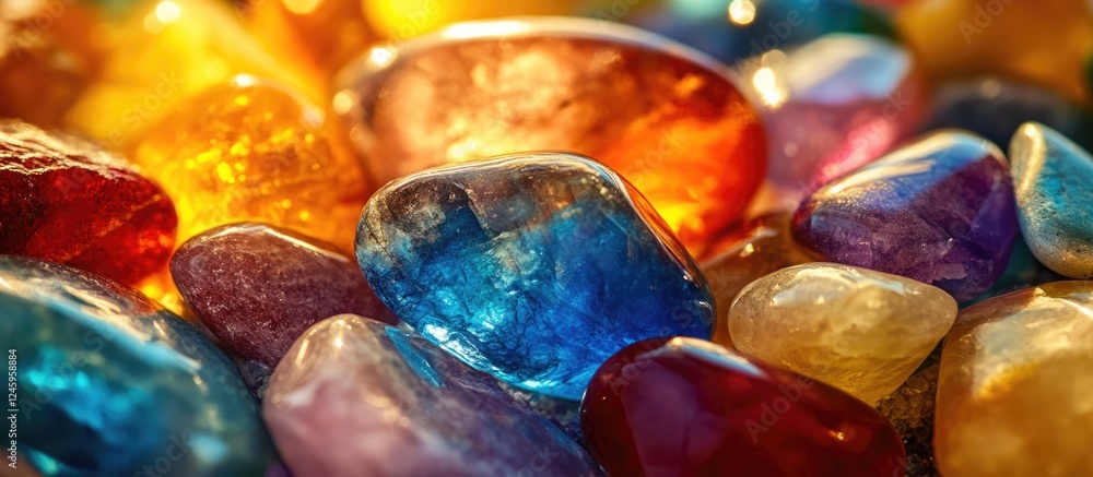 Poster vibrant close-up of assorted colorful gemstones showcasing a variety of shapes and textures illumina